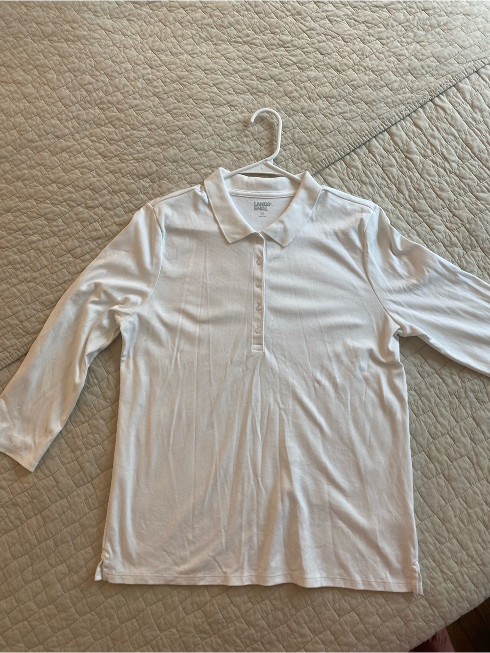 Lands' End White Long-Sleeve Button-Down Polo